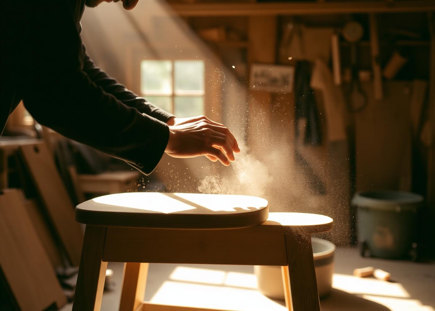 A craftsman sanding a wooden stool in a sunlit atelier