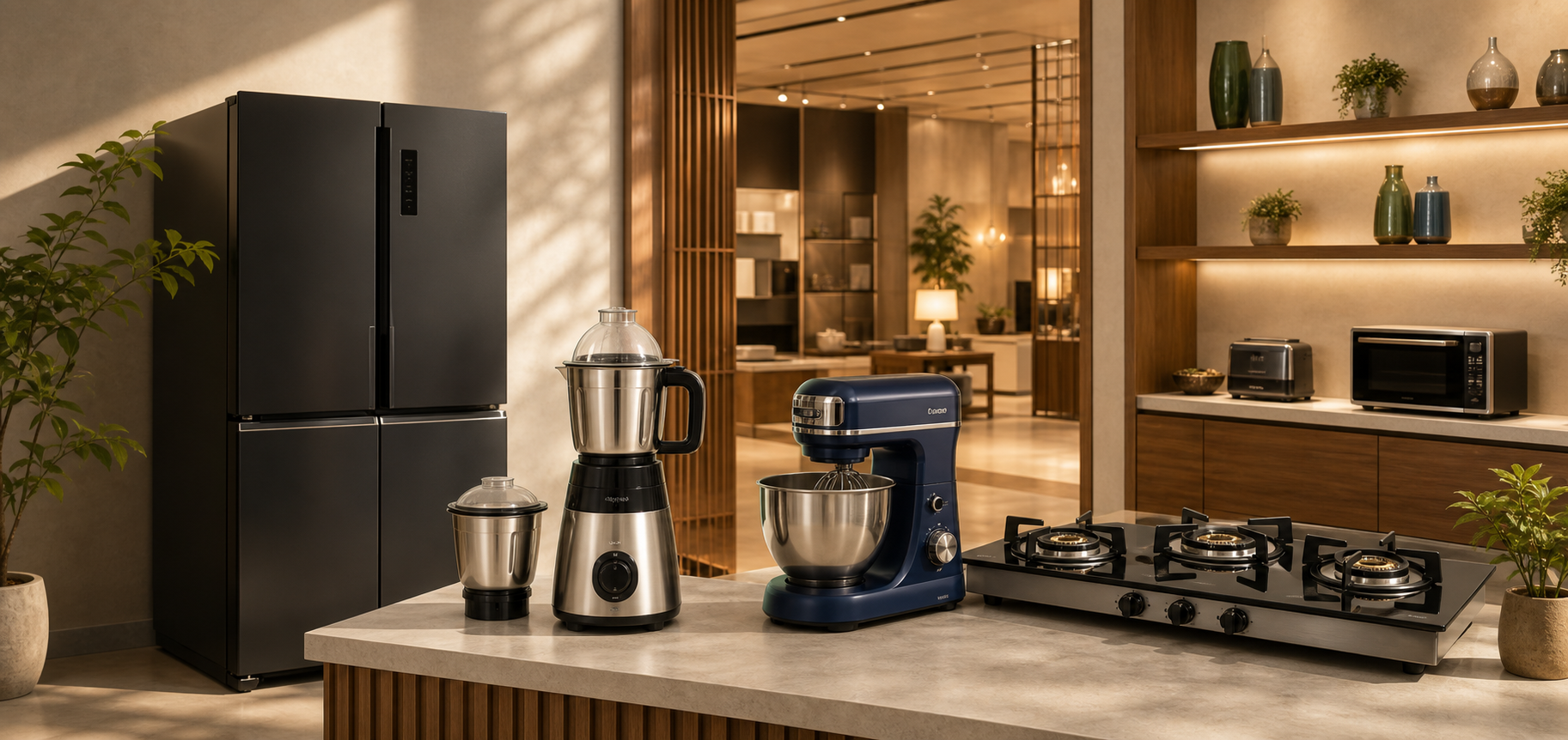 MM Furnitures electronics showroom with fridge, grinder, mixer, and stove