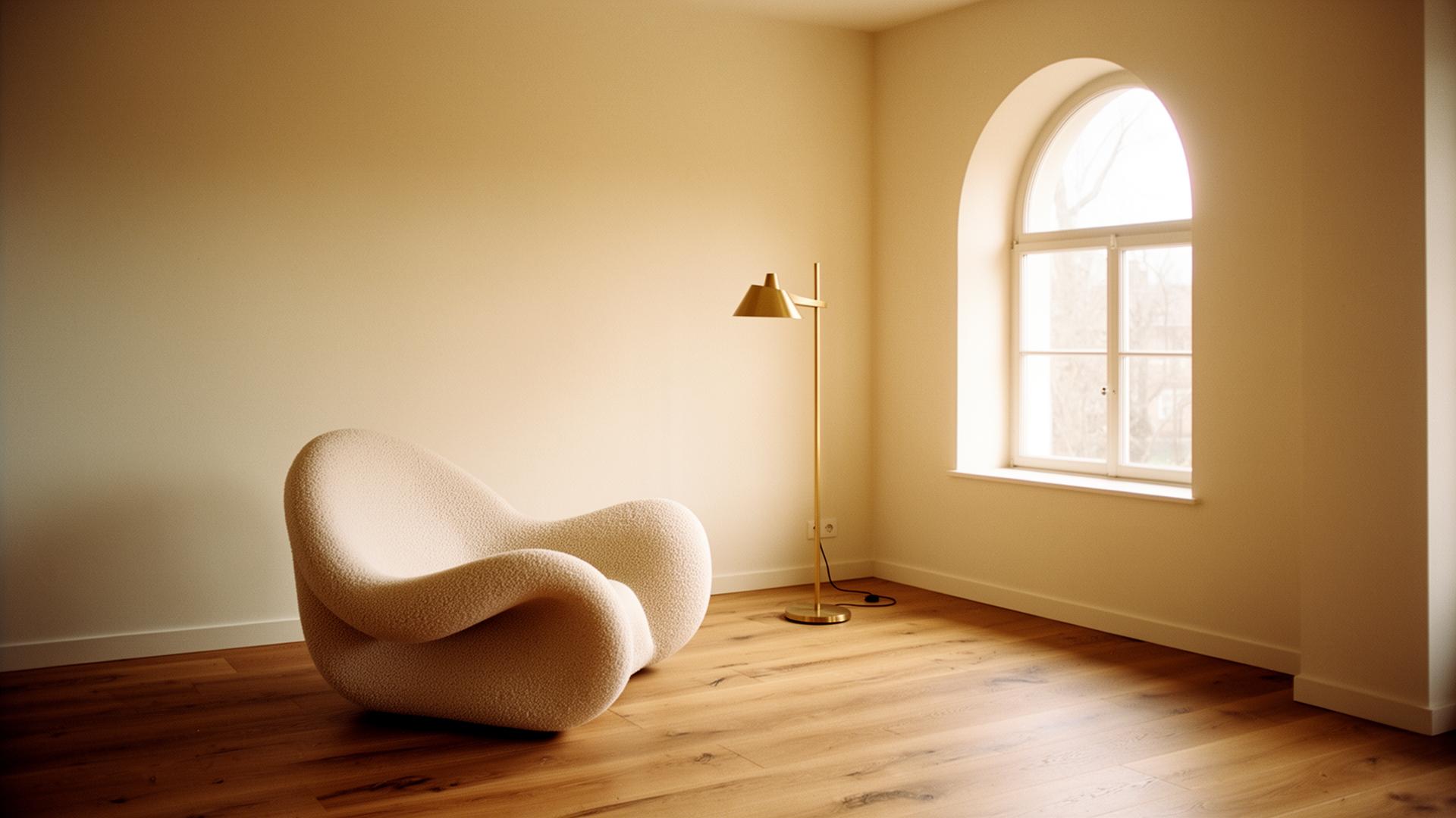 A boucle armchair beside a brass floor lamp in a sunlit room